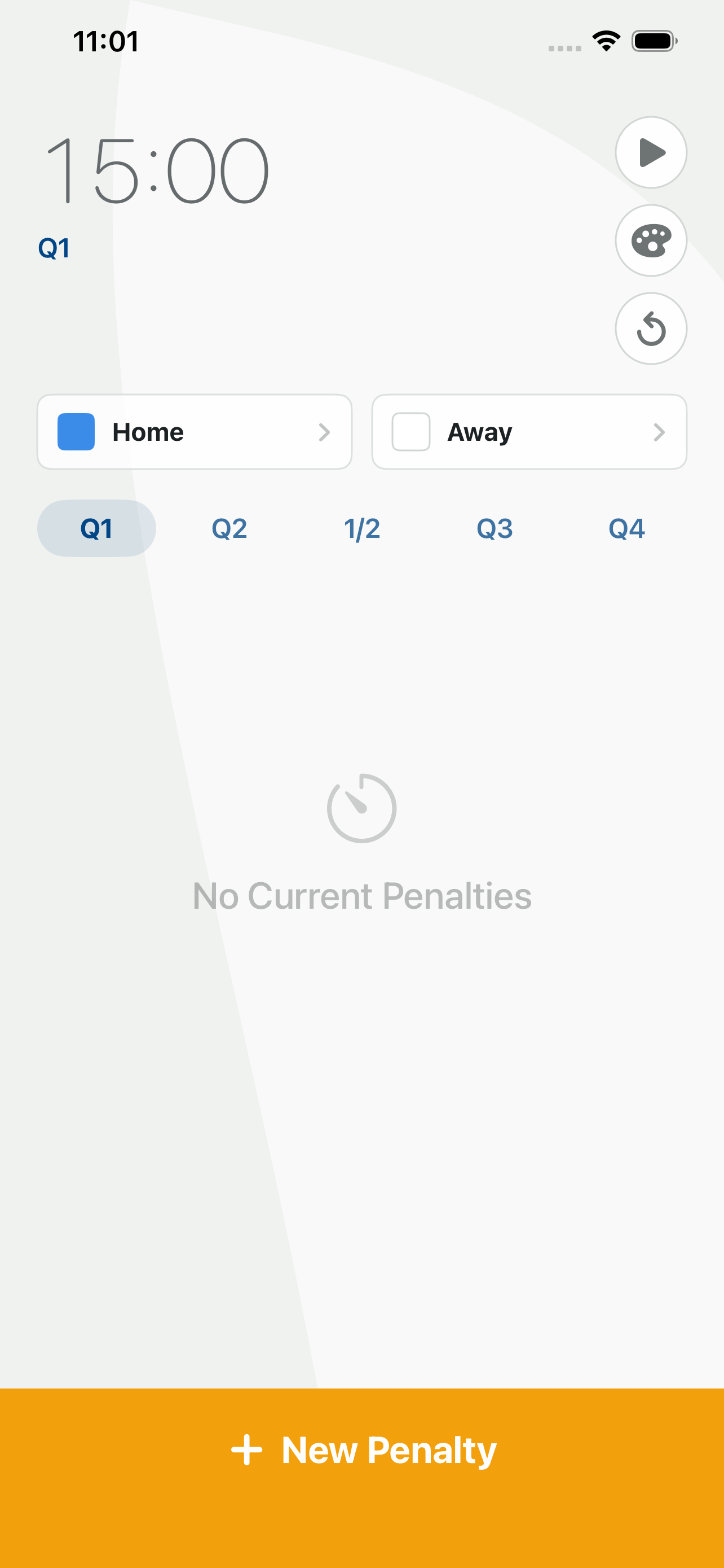 LaxTimer showing a 15 minute game clock, team colors, quarters, and a new penalty button.